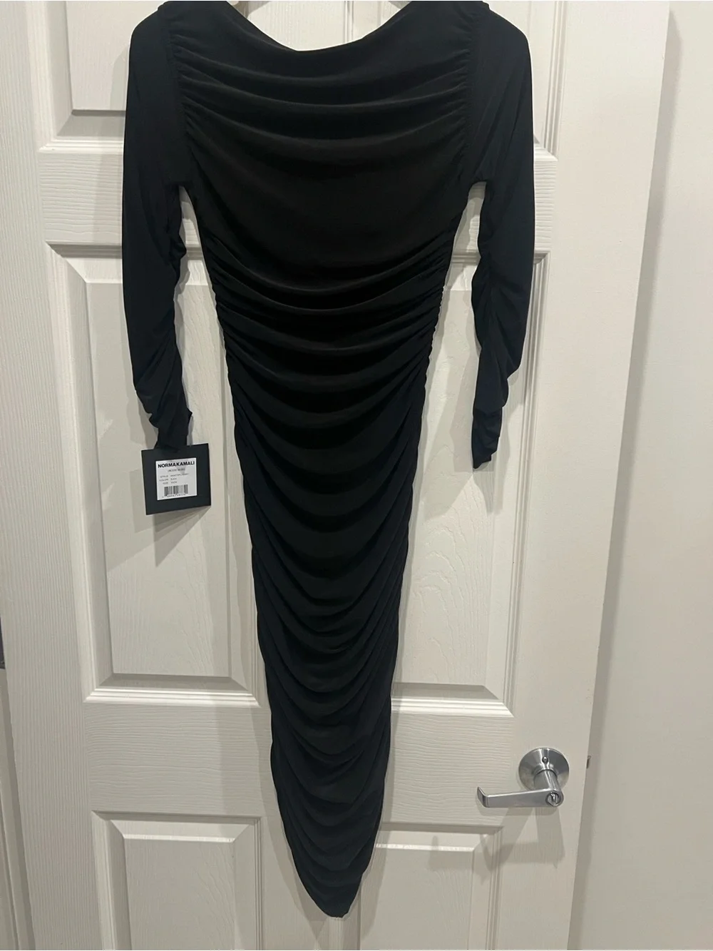 Norma Kamali Black Ruched V-Neck Long-Sleeve Midi Dress